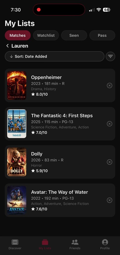 A real Matches list with a friend named Lauren, showing four movies you both said yes to.