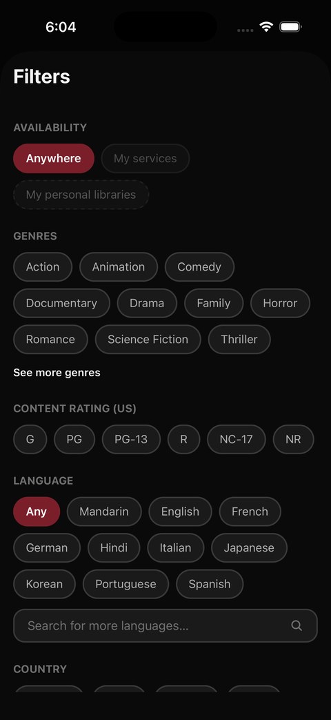 PopcornPact's Filters screen showing genre, content rating, and language options.